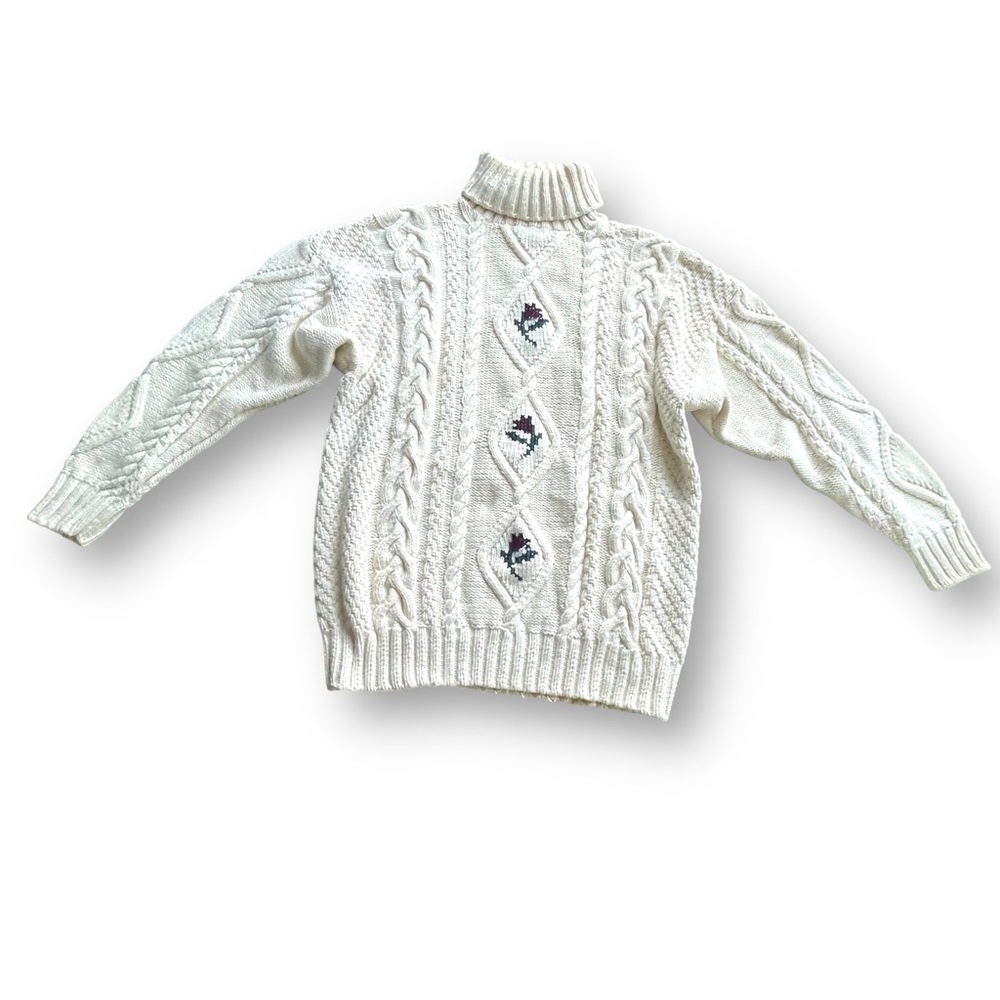 Vtg Regatta Sport Cream Chunky Cable-knit Floral Turtleneck Sweater Women's Sm